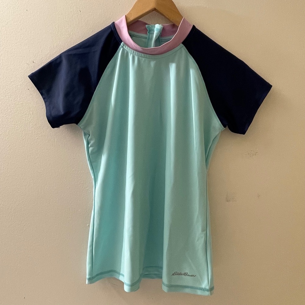 Eddie Bauer Kids L (14/16) Rash Guard Swim Shirt Short Sleeve Aqua Blue